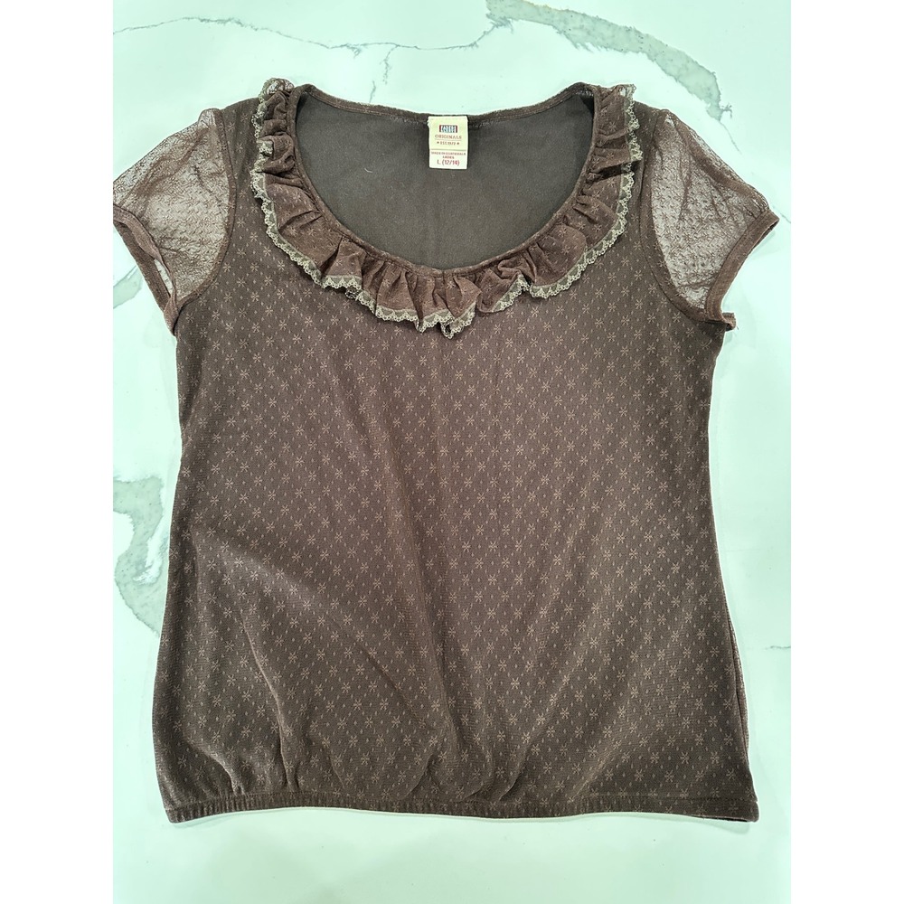 VTG Brown‎ Mesh Ruffle Neck Top Short Sleeve L 12/14